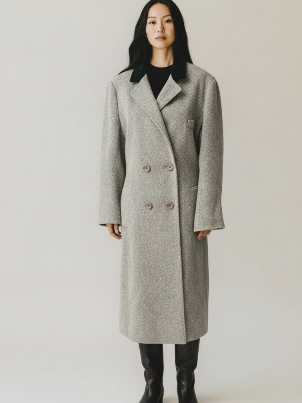 VTG Projections Gray Tweed Velvet Collar Double Breasted Long Trench Coat 20x43.